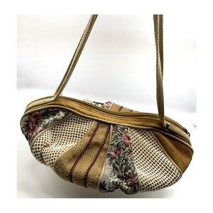 Unique shaped shoulder bag top zip inside pocket quilted with fabric and leather